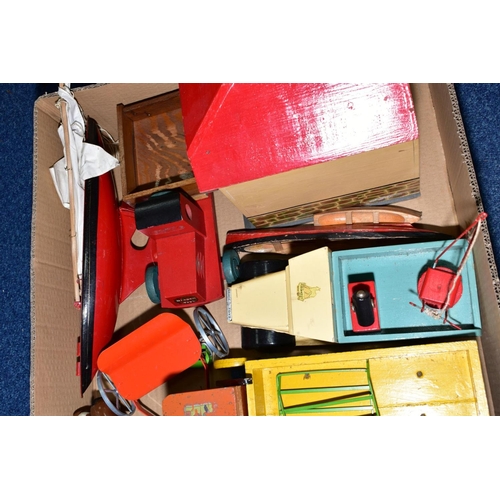 575 - A QUANTITY OF WOODEN TOYS, to include a Grace Toys Breakdown lorry, complete with working crane (rep... 