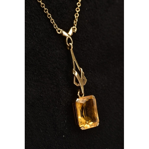 59 - A 9CT GOLD CTIRINE PENDANT NECKLACE, designed with an open work pendant suspending a claw set, recta... 