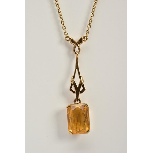 59 - A 9CT GOLD CTIRINE PENDANT NECKLACE, designed with an open work pendant suspending a claw set, recta... 