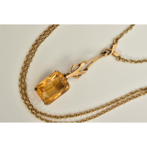 59 - A 9CT GOLD CTIRINE PENDANT NECKLACE, designed with an open work pendant suspending a claw set, recta... 