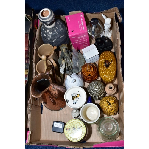 621 - TWO BOXES OF SUNDRY ITEMS, to include ceramic, metal and wooden Honey Pots, a honey dispenser, inkwe... 