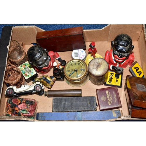 627 - A BOX OF COLLECTABLES AND SUNDRIES, including two cased hydrometers, one stamped Loftus, the other S... 