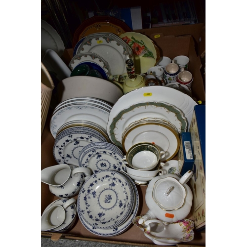 629 - THREE BOXES AND LOOSE CERAMICS, GLASSWARE, TREEN ETC, to include a modern letter rack, Royal Doulton... 