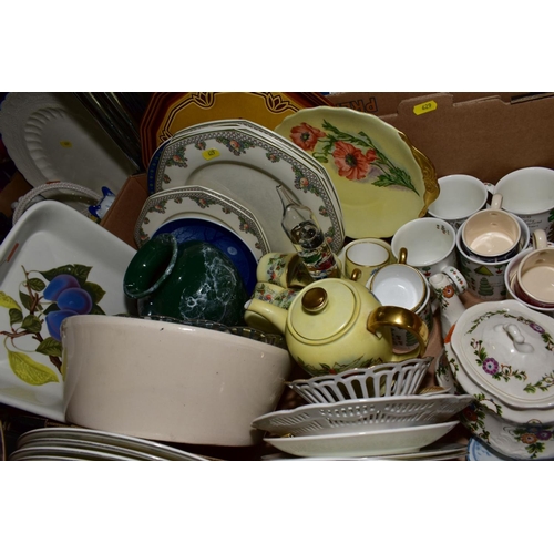 629 - THREE BOXES AND LOOSE CERAMICS, GLASSWARE, TREEN ETC, to include a modern letter rack, Royal Doulton... 