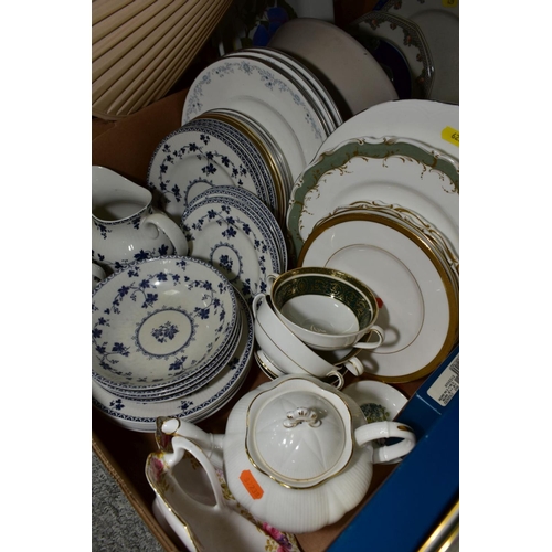 629 - THREE BOXES AND LOOSE CERAMICS, GLASSWARE, TREEN ETC, to include a modern letter rack, Royal Doulton... 