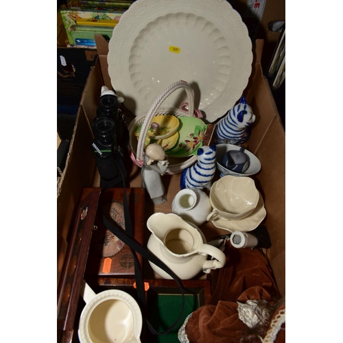 629 - THREE BOXES AND LOOSE CERAMICS, GLASSWARE, TREEN ETC, to include a modern letter rack, Royal Doulton... 