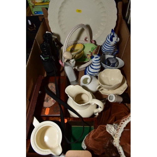 629 - THREE BOXES AND LOOSE CERAMICS, GLASSWARE, TREEN ETC, to include a modern letter rack, Royal Doulton... 