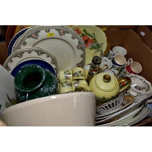 629 - THREE BOXES AND LOOSE CERAMICS, GLASSWARE, TREEN ETC, to include a modern letter rack, Royal Doulton... 