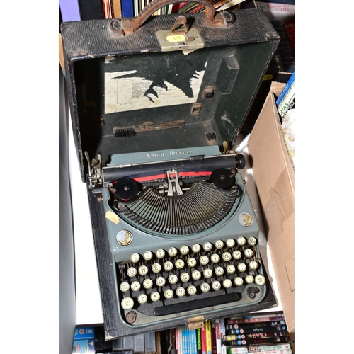 630 - THREE BOXES OF BOOKS, RECORDS, ETC AND A SMITH PREMIER TYPEWRITER, including vintage Children's annu... 