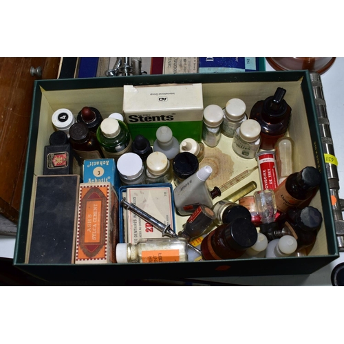 631 - A MID 20TH CENTURY STUDENTS DENTAL TOOL BOX, hinged lid opening to reveal compartments, six drawers ... 