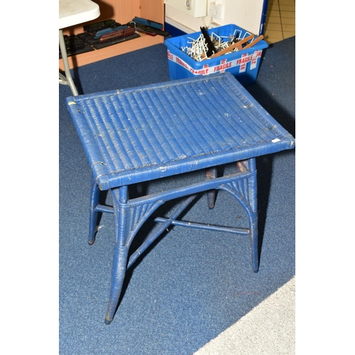 632 - A BLUE PAINTED LLOYD LOOM STYLE TABLE AND THREE BOXES OF DVD'S AND VHS CASSETTES, the VHS are mostly... 