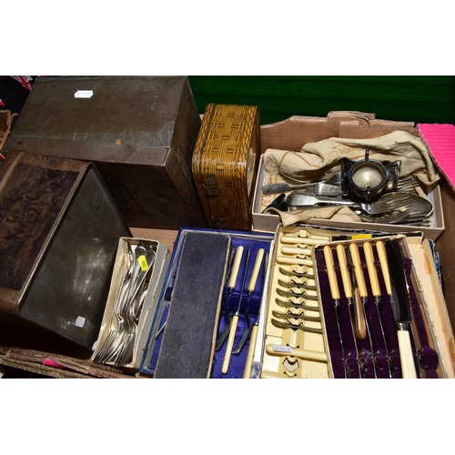 635 - THREE BOXES OF CUTLERY, METALWARES, COLLECTABLES, ETC, including a copper warming pan on a wooden ha... 