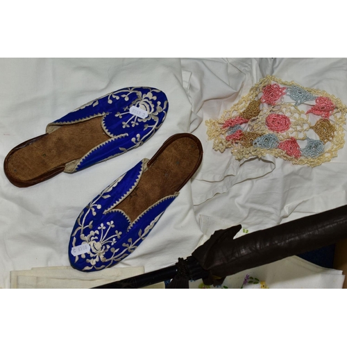 637 - A BOX OF COSTUME AND TEXTILES ETC, including a pair of embroidered silk slippers, various early twen... 