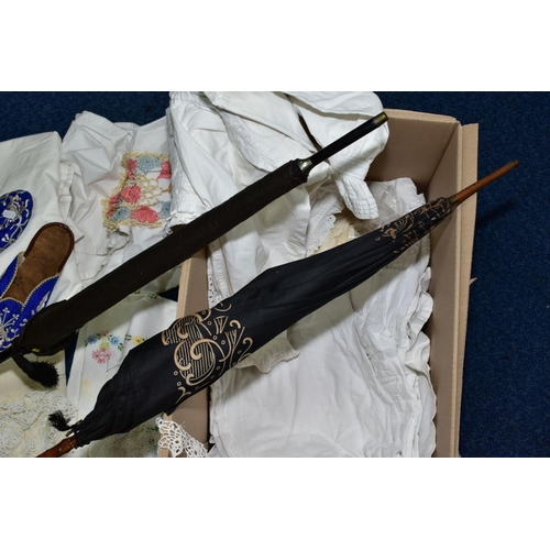 637 - A BOX OF COSTUME AND TEXTILES ETC, including a pair of embroidered silk slippers, various early twen... 