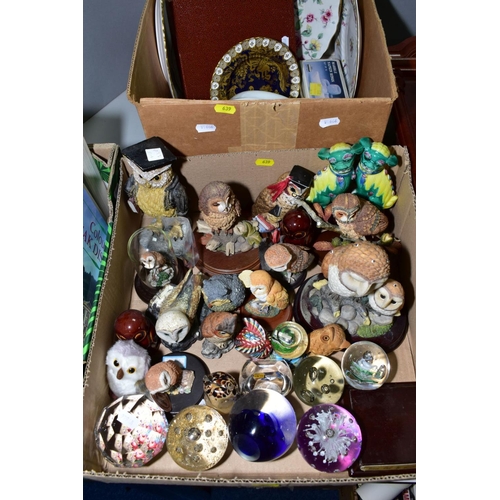 639 - THREE BOXES OF CERAMICS GLASS BOOKS AND A REPRODUCTION WALL CLOCK, including owl ornaments, assorted... 