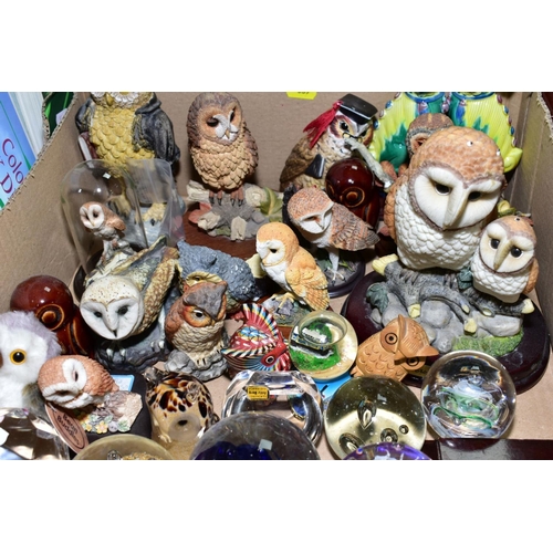 639 - THREE BOXES OF CERAMICS GLASS BOOKS AND A REPRODUCTION WALL CLOCK, including owl ornaments, assorted... 