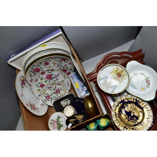 639 - THREE BOXES OF CERAMICS GLASS BOOKS AND A REPRODUCTION WALL CLOCK, including owl ornaments, assorted... 