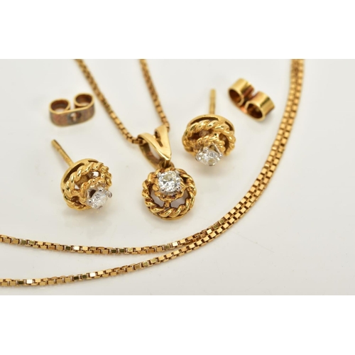 64 - AN 18CT GOLD DIAMOND PENDANT NECKLACE AND EARRING SET, the pendant set with a single round brilliant... 