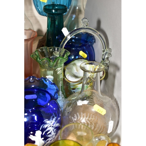 644 - A MISCELLANEOUS GROUP OF GLASSWARE, to include Mary Gregory tumblers, vases, pitcher, etc, an oil la... 