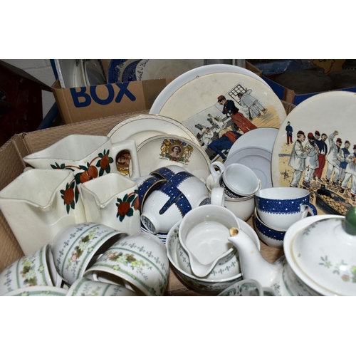 646 - FOUR BOXES AND LOOSE CERAMICS etc to include Cauldon china fish pattern plates, F & Sons flow blue t... 