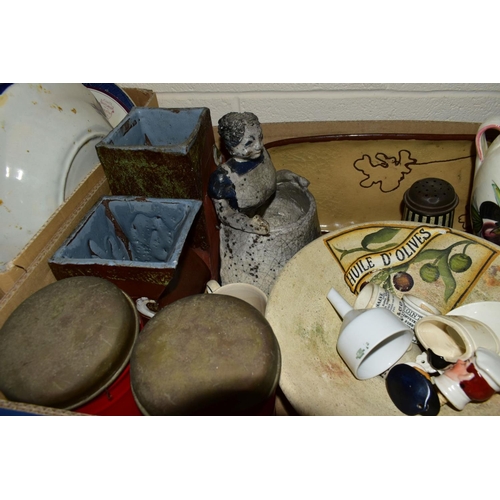 646 - FOUR BOXES AND LOOSE CERAMICS etc to include Cauldon china fish pattern plates, F & Sons flow blue t... 