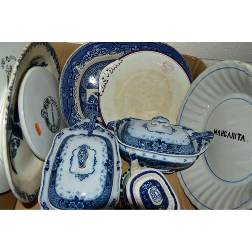 646 - FOUR BOXES AND LOOSE CERAMICS etc to include Cauldon china fish pattern plates, F & Sons flow blue t... 