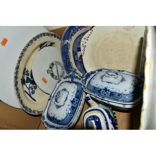 646 - FOUR BOXES AND LOOSE CERAMICS etc to include Cauldon china fish pattern plates, F & Sons flow blue t... 