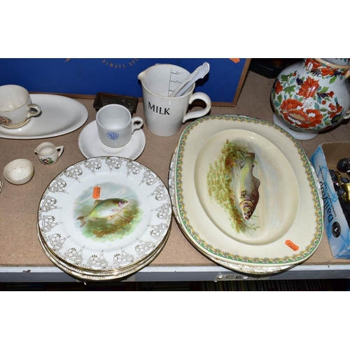 646 - FOUR BOXES AND LOOSE CERAMICS etc to include Cauldon china fish pattern plates, F & Sons flow blue t... 