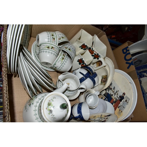 646 - FOUR BOXES AND LOOSE CERAMICS etc to include Cauldon china fish pattern plates, F & Sons flow blue t... 