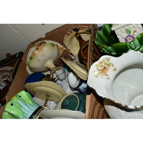 653 - SIX BOXES AND LOOSE OF MISCELLANEOUS CERAMICS AND GLASSWARE, including amber dressing table set, gla... 