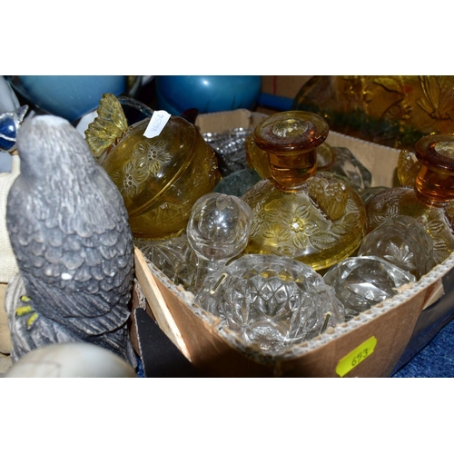 653 - SIX BOXES AND LOOSE OF MISCELLANEOUS CERAMICS AND GLASSWARE, including amber dressing table set, gla... 