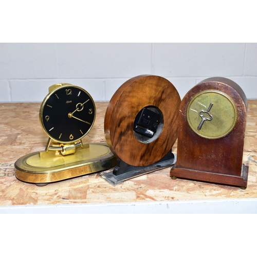 654 - THREE MANTLE CLOCKS, including dome topped mantle clock, enamel dial with Arabic numerals and key, K... 