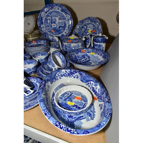 656 - SPODE ITALIAN BLUE DINNER AND TEA WARES, including teapot, hot water jug, two open serving dishes, n... 