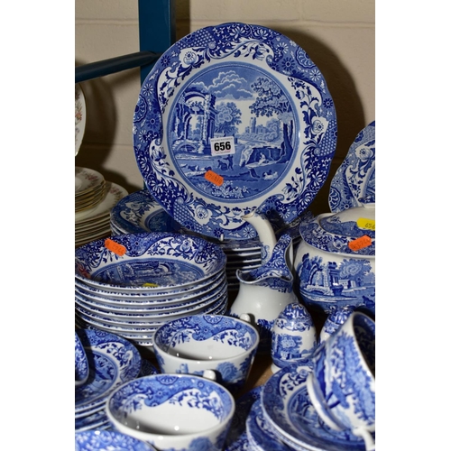 656 - SPODE ITALIAN BLUE DINNER AND TEA WARES, including teapot, hot water jug, two open serving dishes, n... 