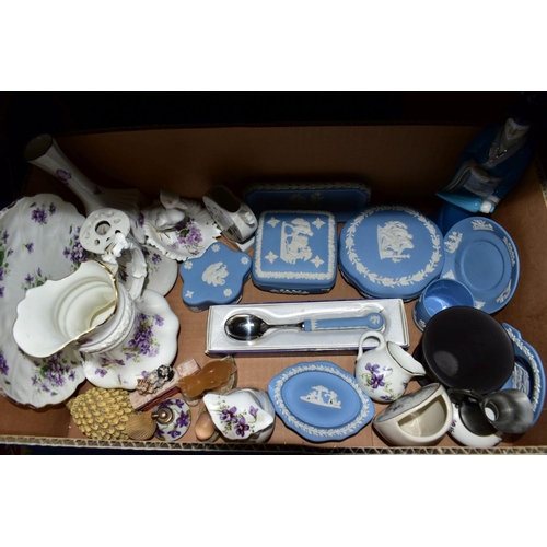 657 - FIVE BOXES AND LOOSE OF CERAMICS, GLASS, PICTURES AND LOOSE, including Wedgwood jasperware, Myott Ir... 