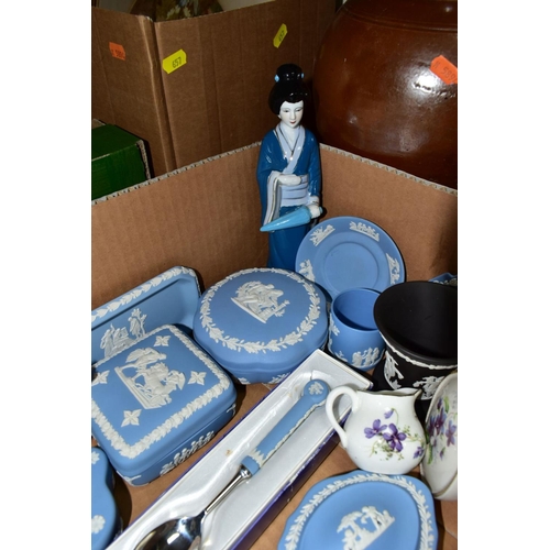 657 - FIVE BOXES AND LOOSE OF CERAMICS, GLASS, PICTURES AND LOOSE, including Wedgwood jasperware, Myott Ir... 