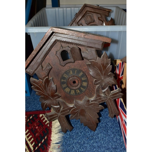 658 - CLOCK RESTORATION INTEREST to include three boxes of cuckoo clocks and clock parts including bellows... 