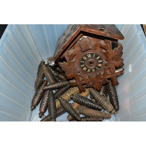 658 - CLOCK RESTORATION INTEREST to include three boxes of cuckoo clocks and clock parts including bellows... 