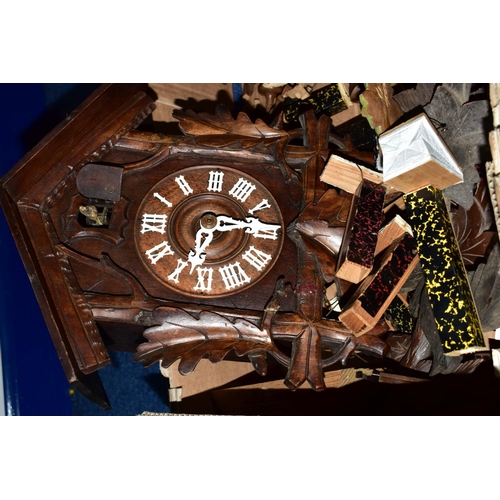 658 - CLOCK RESTORATION INTEREST to include three boxes of cuckoo clocks and clock parts including bellows... 