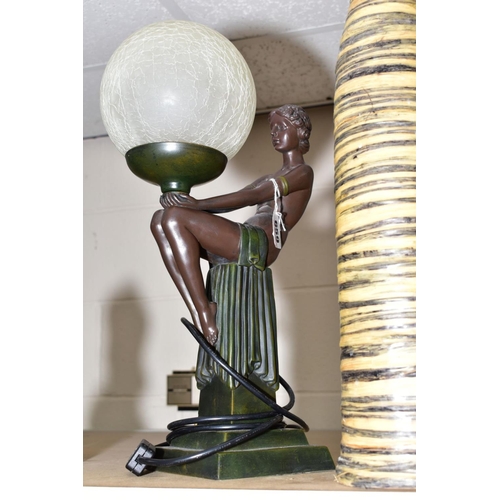 659 - A MODERN ART DECO STYLE TABLE LAMP of seated woman holding satin crackled glass ball, height 42cm, w... 