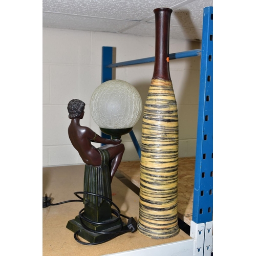 659 - A MODERN ART DECO STYLE TABLE LAMP of seated woman holding satin crackled glass ball, height 42cm, w... 