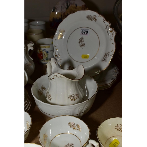 670 - A COLLECTION OF CERAMICS, including Victorian white tea wares, having gilt decoration, a pair of Sat... 