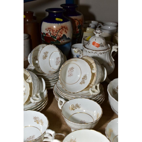 670 - A COLLECTION OF CERAMICS, including Victorian white tea wares, having gilt decoration, a pair of Sat... 