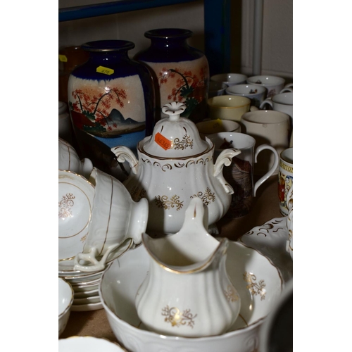 670 - A COLLECTION OF CERAMICS, including Victorian white tea wares, having gilt decoration, a pair of Sat... 