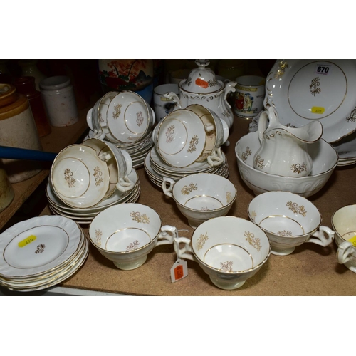 670 - A COLLECTION OF CERAMICS, including Victorian white tea wares, having gilt decoration, a pair of Sat... 