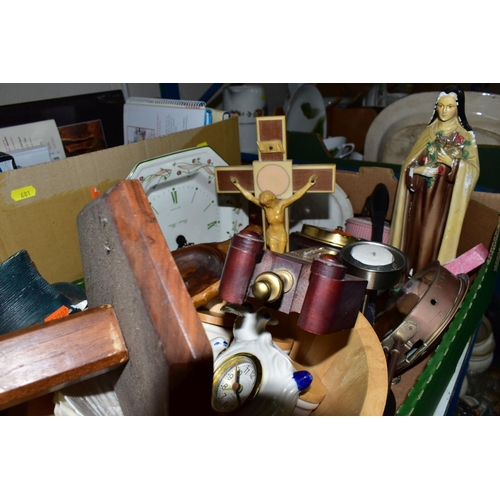 681 - FOUR BOXES AND LOOSE OF CERAMICS, GLASS, BOOKS AND PICTURES, including a cut glass ice bucket, Germa... 