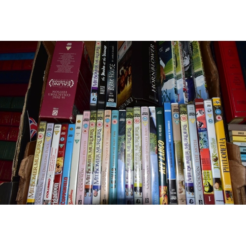 682 - SEVEN BOXES OF BOOKS AND DVD'S, Readers Digest books, some boxed sets of DVD's etc