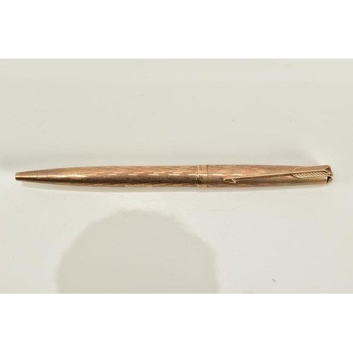 69 - A 9CT GOLD BALL POINT PARKER PEN, of engine turn design, hallmarked 9ct gold London, approximate wei... 