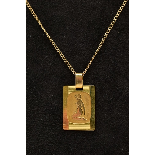 7 - A 9CT GOLD PENDANT NECKLACE, the rectangular panel pendant depicting a nude lady, plain polished bai... 