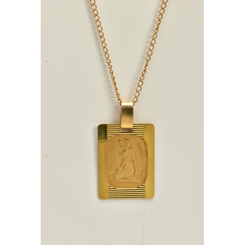 7 - A 9CT GOLD PENDANT NECKLACE, the rectangular panel pendant depicting a nude lady, plain polished bai... 